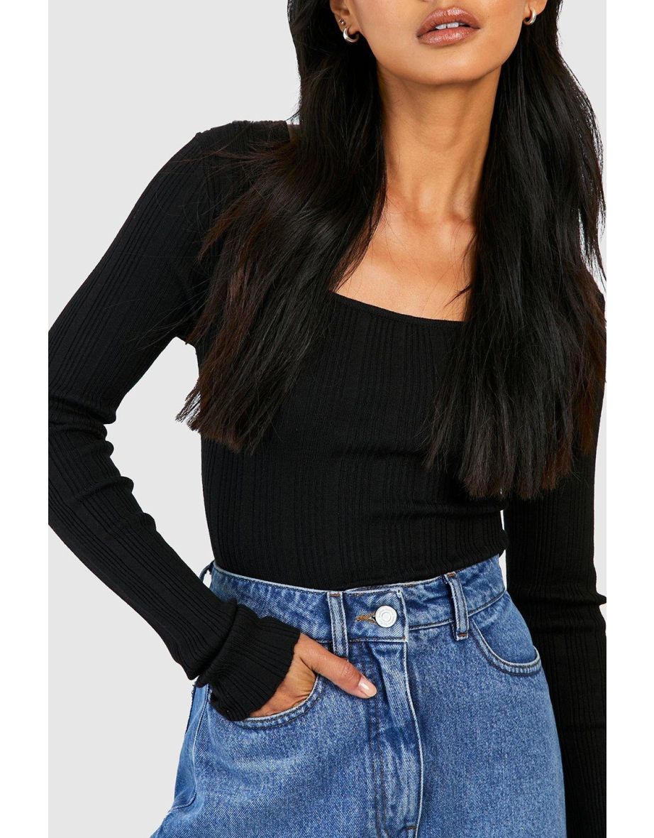 Mixed Rib Square Neck Knitted Top - black - 3