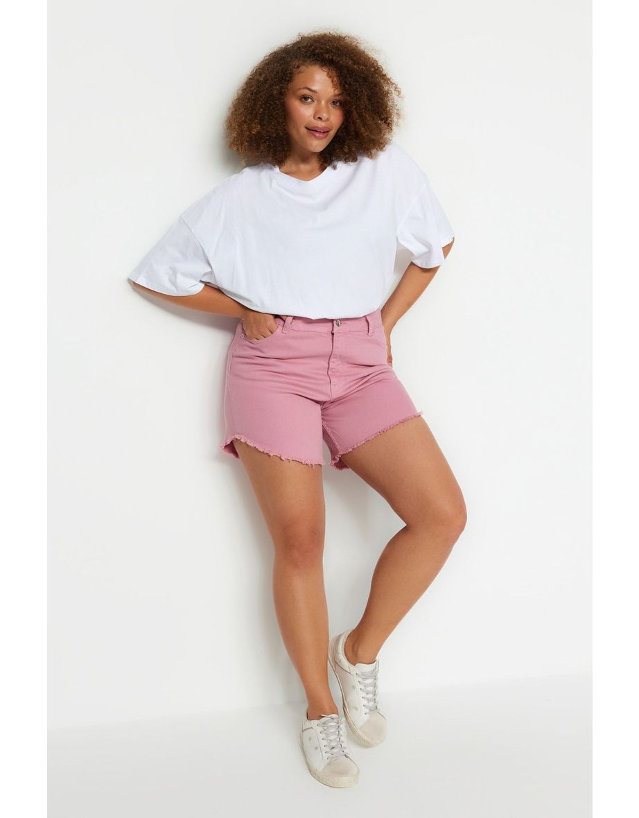 Pink Flexible Skinny Denim Shorts & Bermuda With Tassels on the Legs - 8