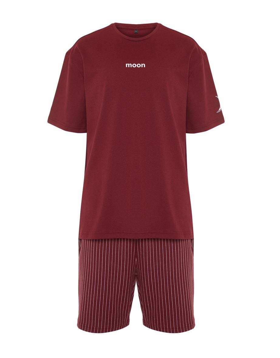 Claret Red Men Regular Fit Moon Print Knitted Pajamas Set . - 12
