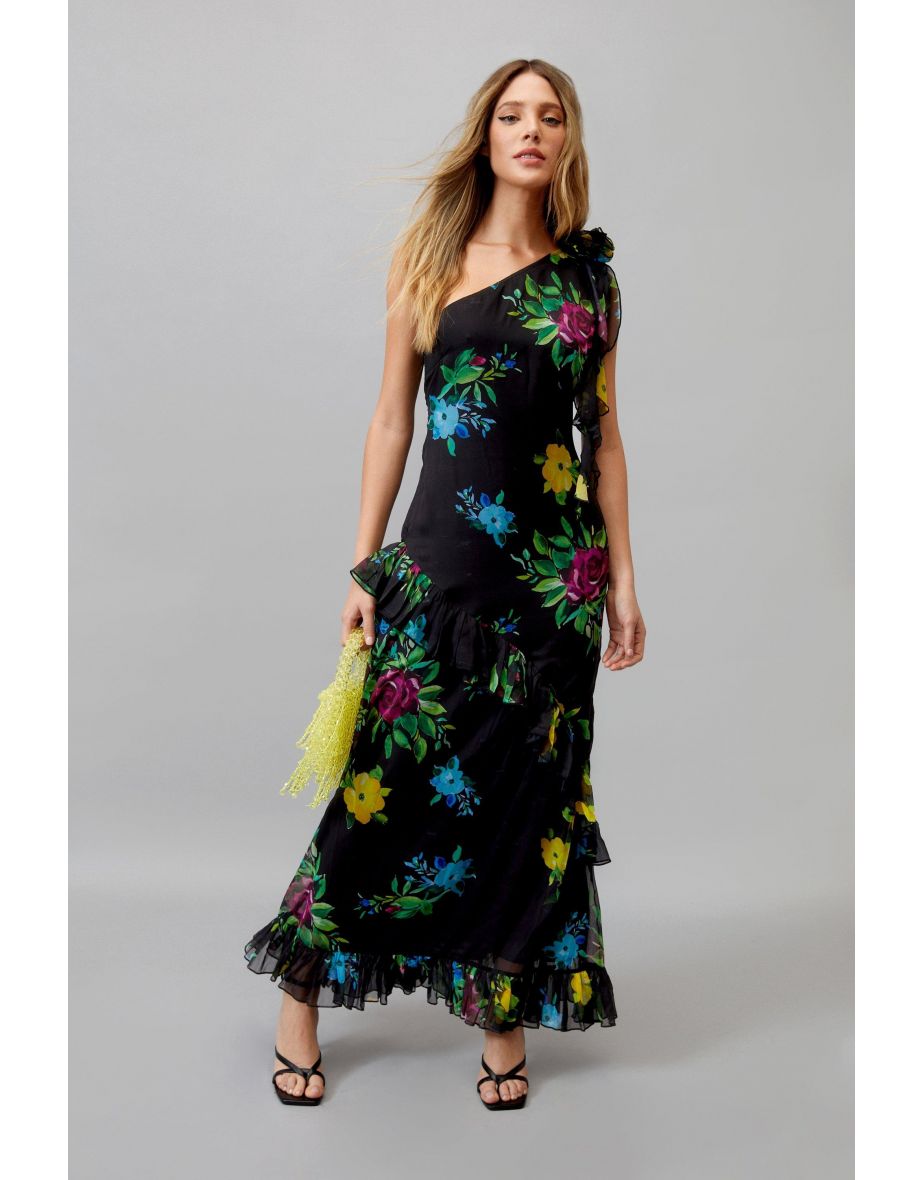 One shoulder floral outlet maxi dress