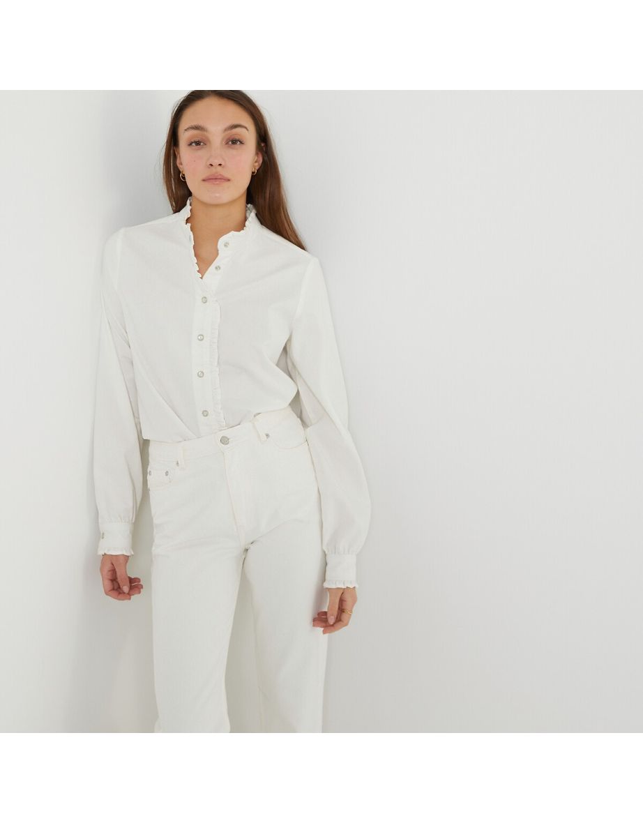 Organic Cotton Denim Shirt with Ruffled Victorian Collar and Long Sleeves