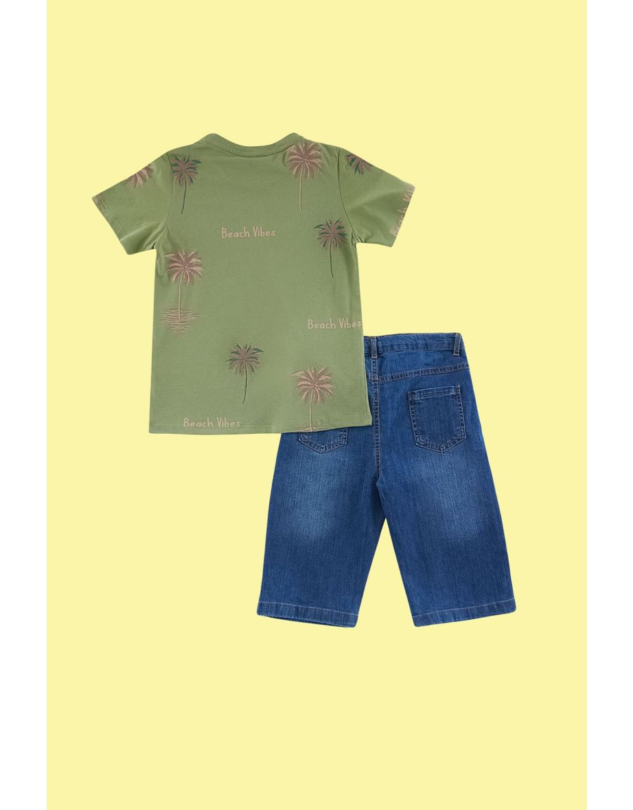 Khaki Boy Patterned Short Sleeve T-shirt-Jean Trousers Set Top-Bottom Suit - 4