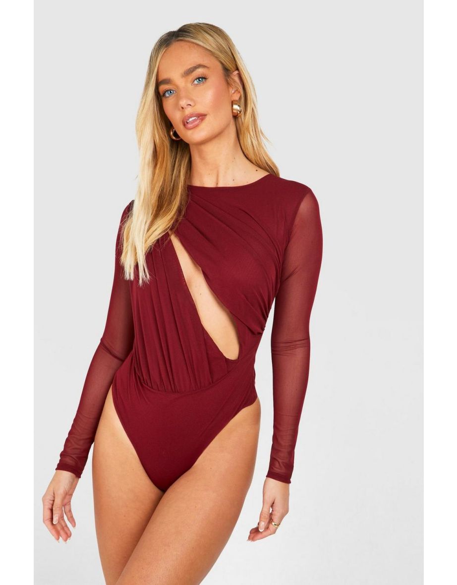 Ruched Mesh Cut Out Long Sleeve Bodysuit - 3