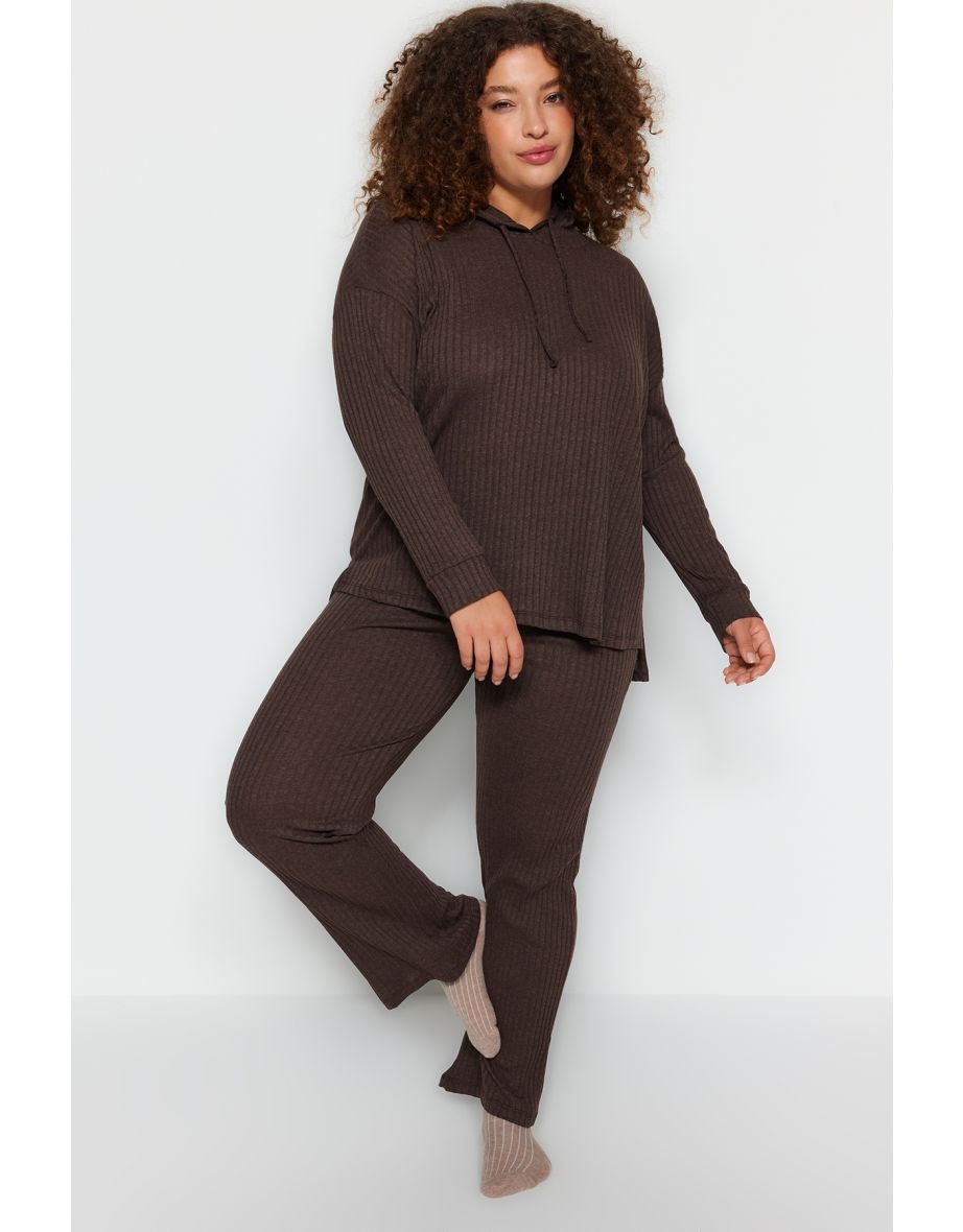Brown Hooded Relaxed Camisole Plus Size Bottom-Top Suit