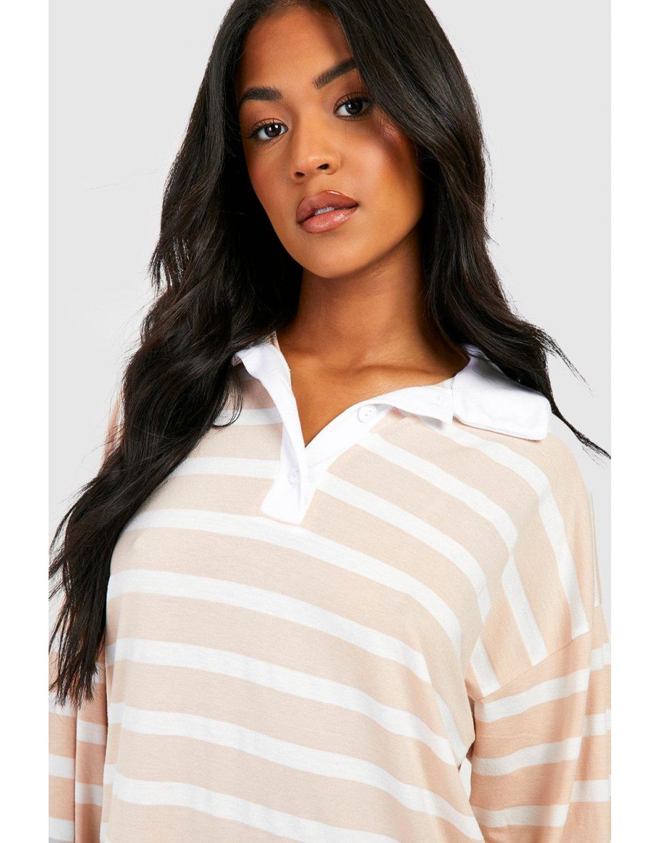 Tall Half Button Stripe Rugby Collar Sweat Dress - stone - 3