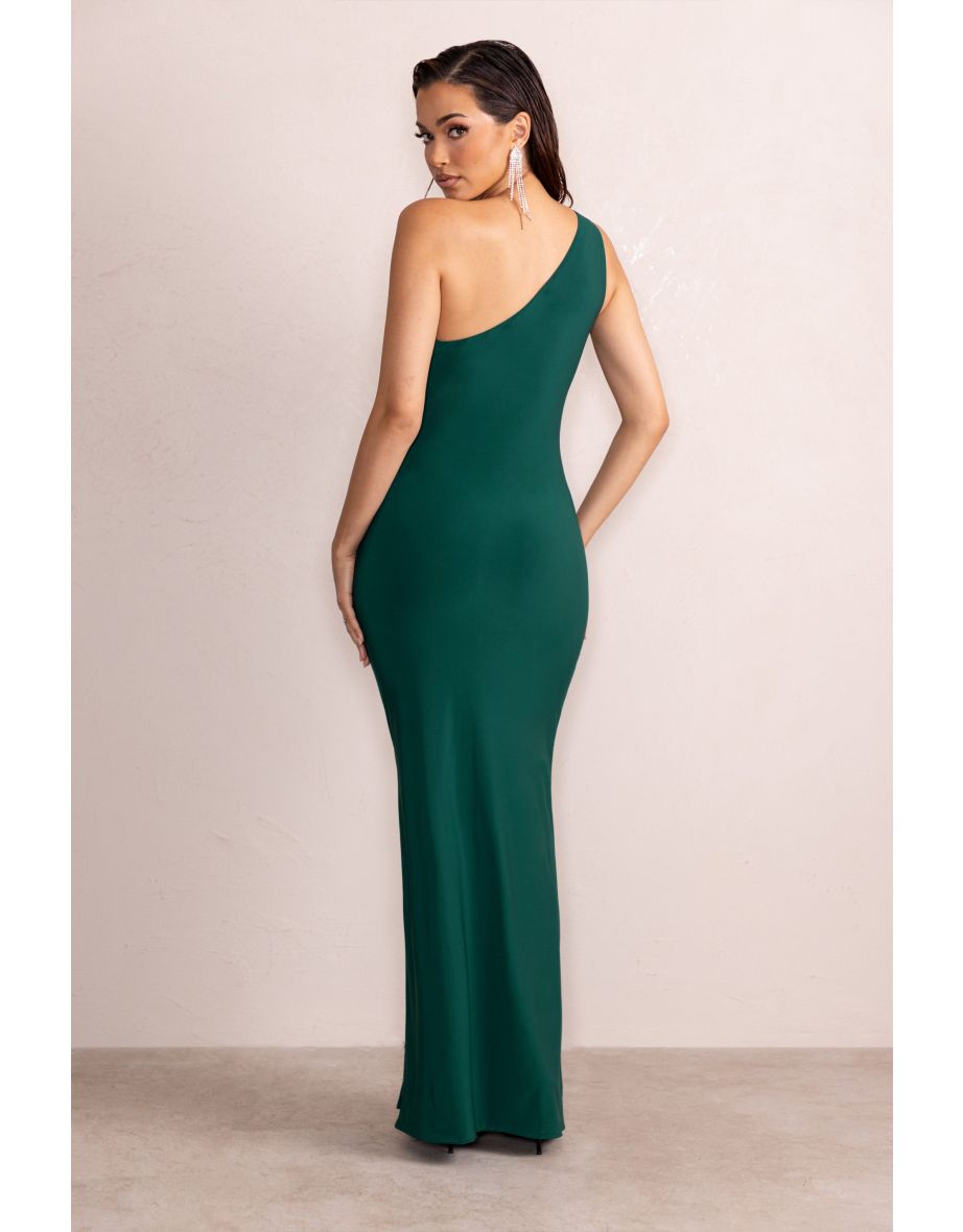 Until Dawn | Bottle Green One Shoulder Ruched Front Cut Out Maxi Dress - 3