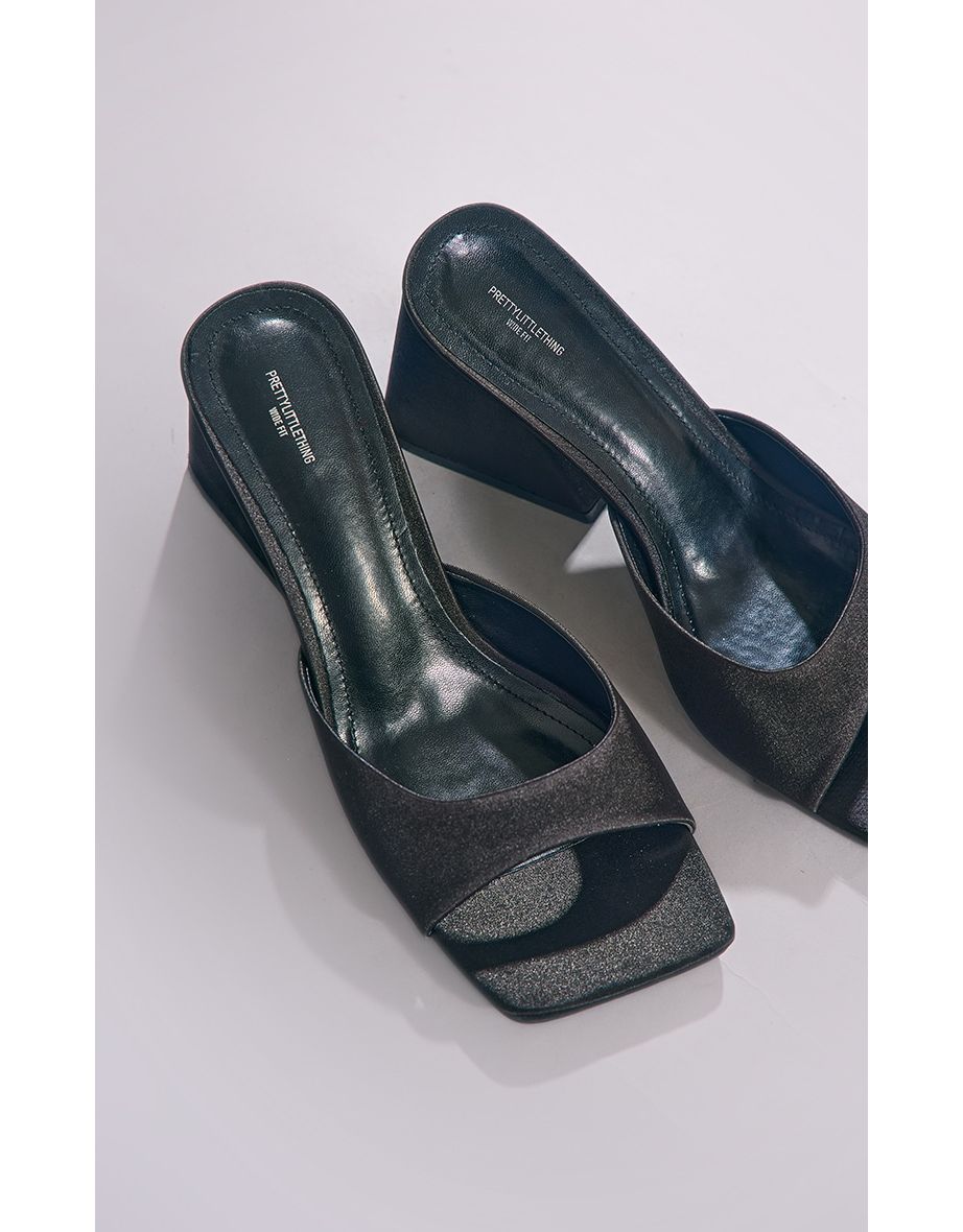 Black Wide Fit Square Toe Satin Block Heeled Mules - 3
