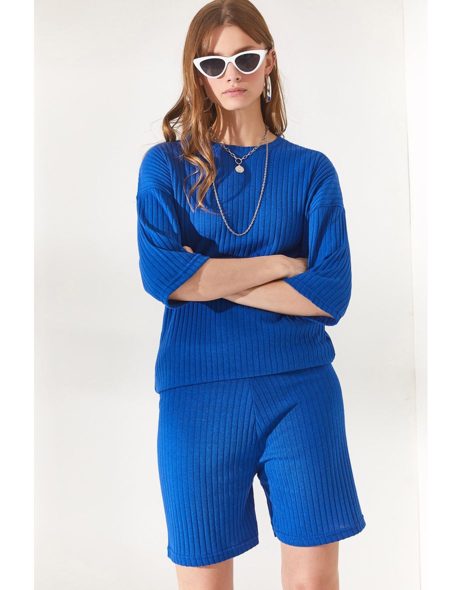 Women's Saxon Blue Bottom Short Leggings Top Loose Blouse Set