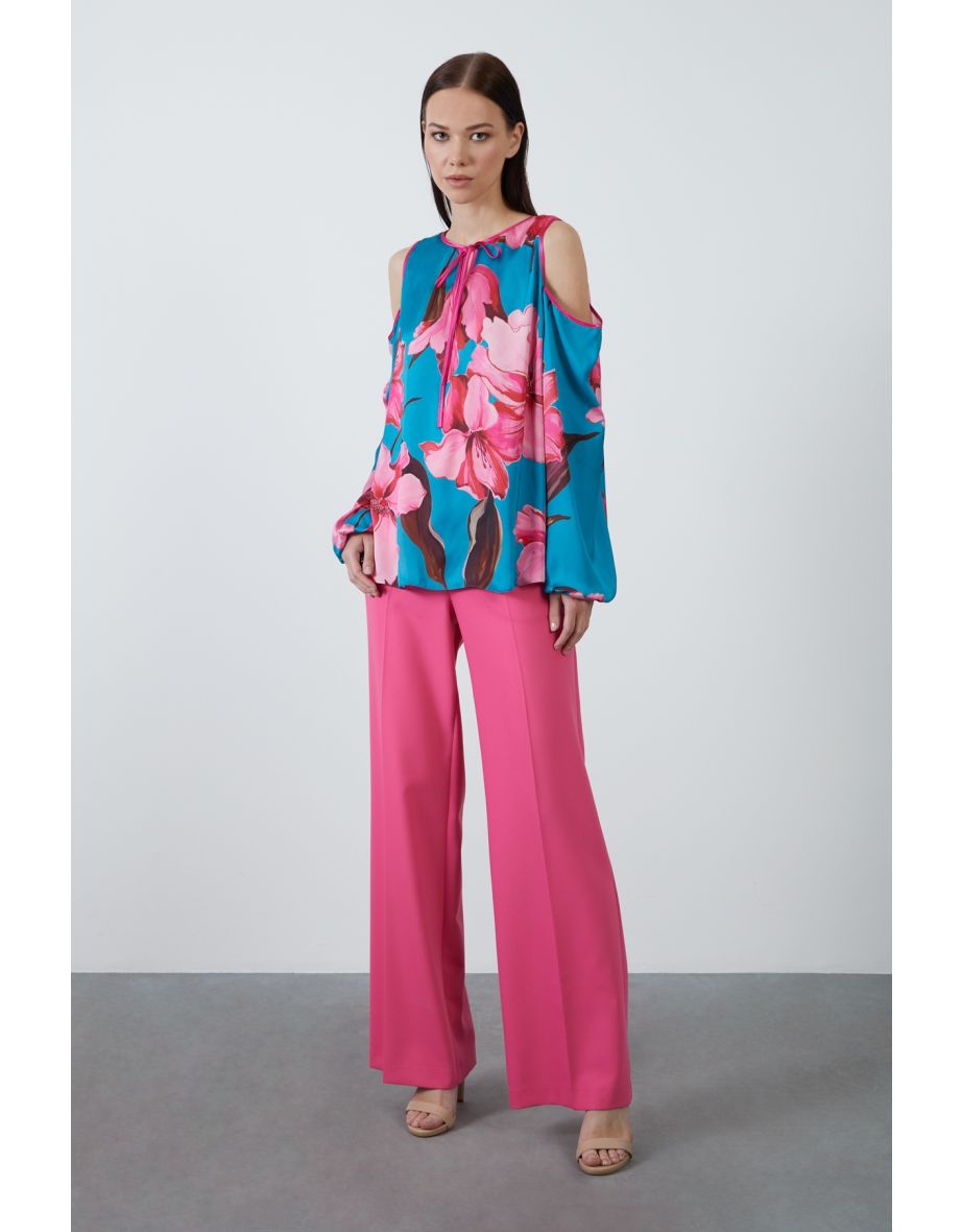 Shoulder Window Detail Patterned Turquoise Blouse