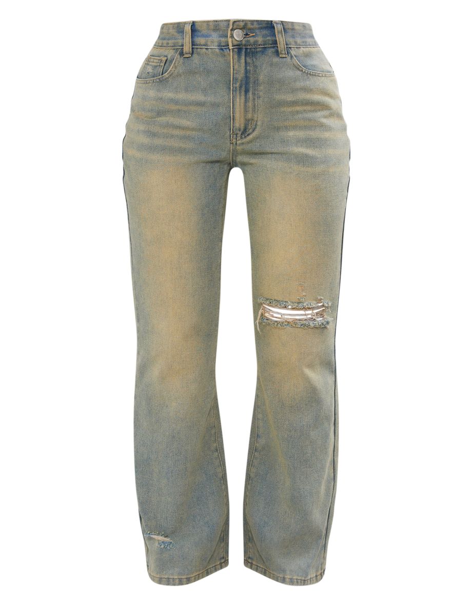 Petite Vintage Mid Wash Distressed Rip Straight Leg Jeans - 4