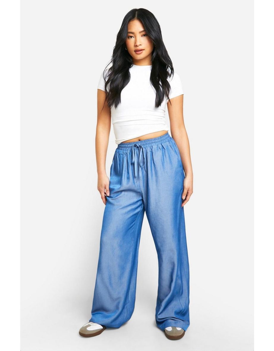 Petite Chambray Tie Waist Wide Leg Trouser