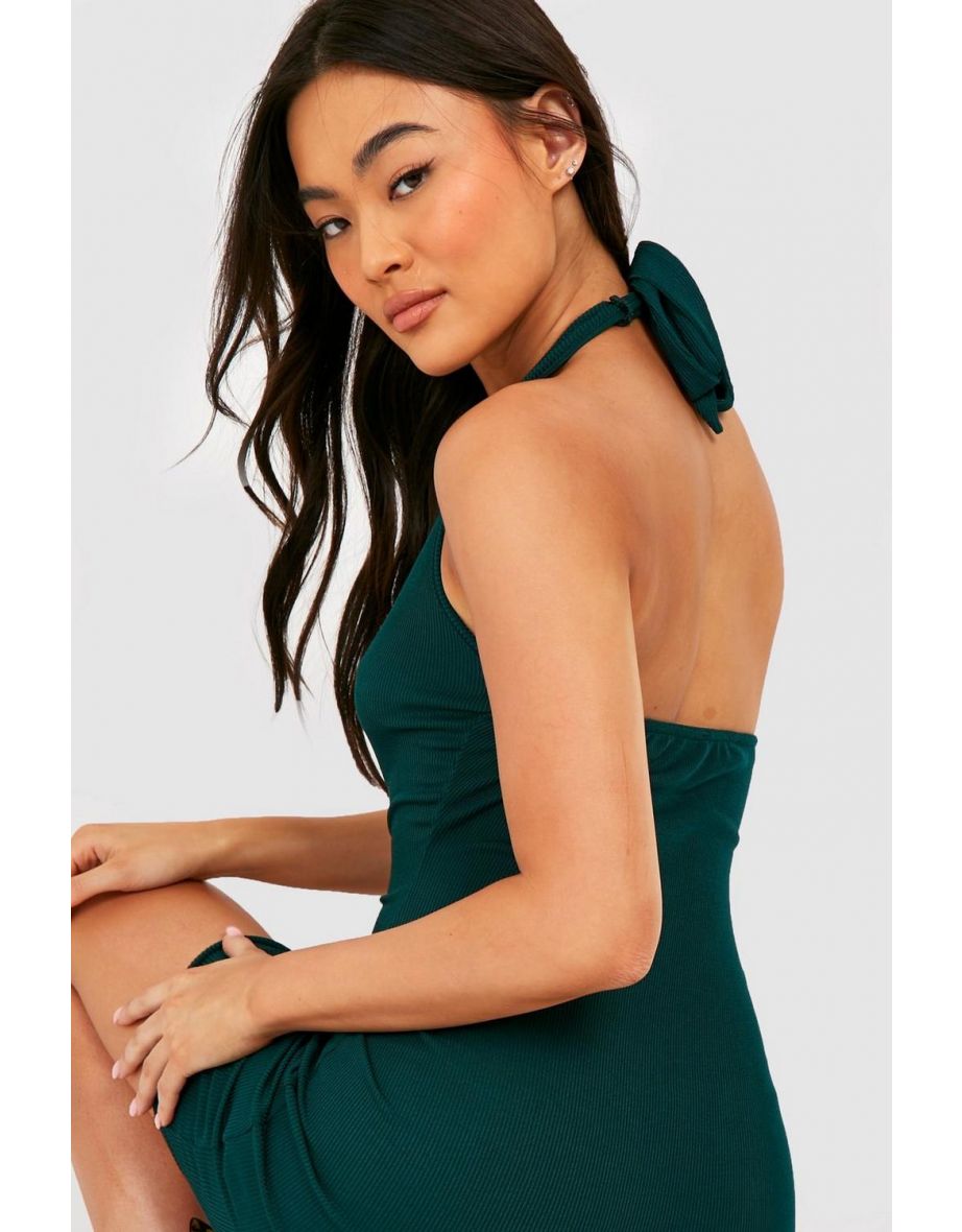 Ribbed Halterneck Tie Back Bodycon Dress - bottle green - 3