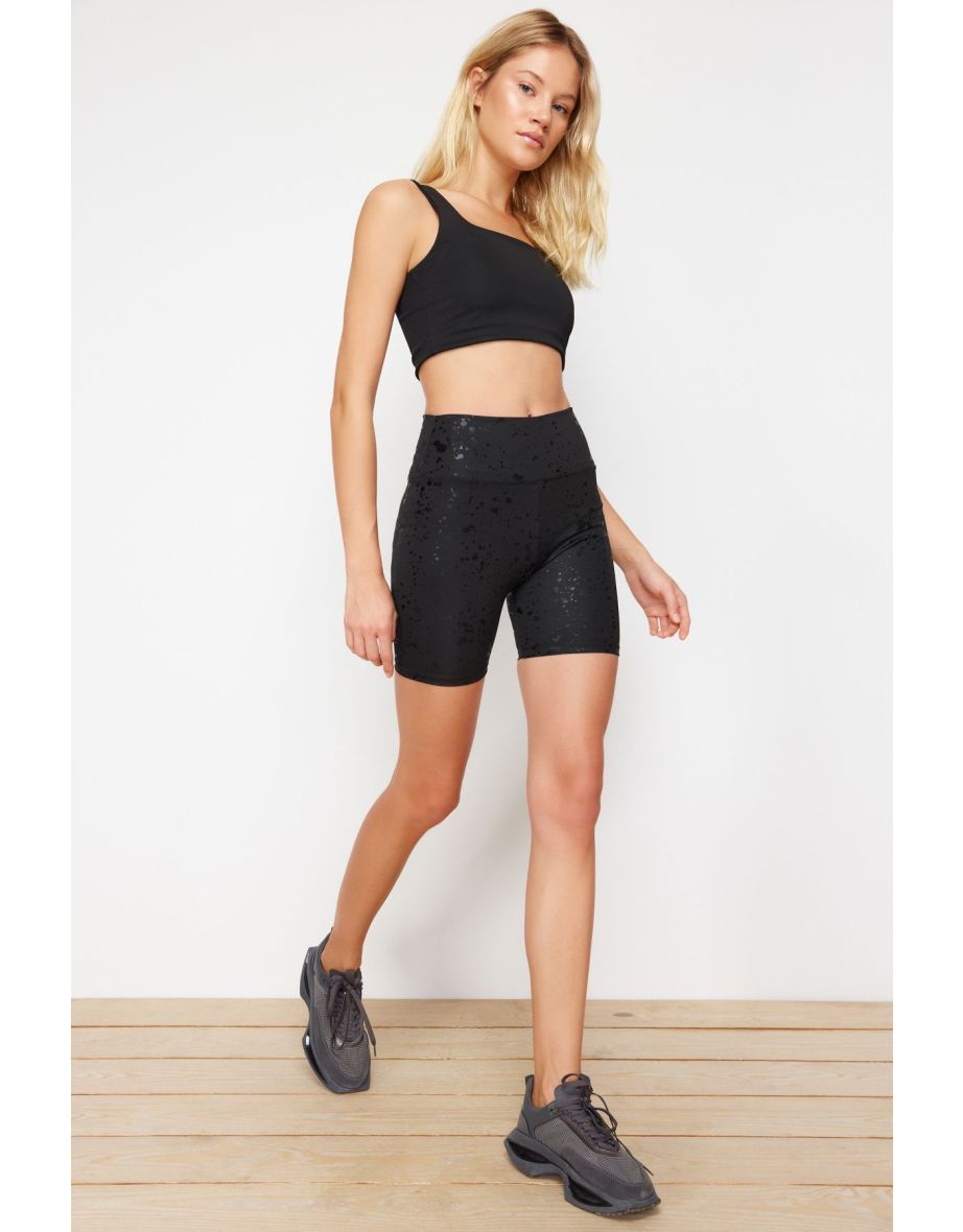 Black Compression Shiny Fabric Sports Shorts Oversized Tights