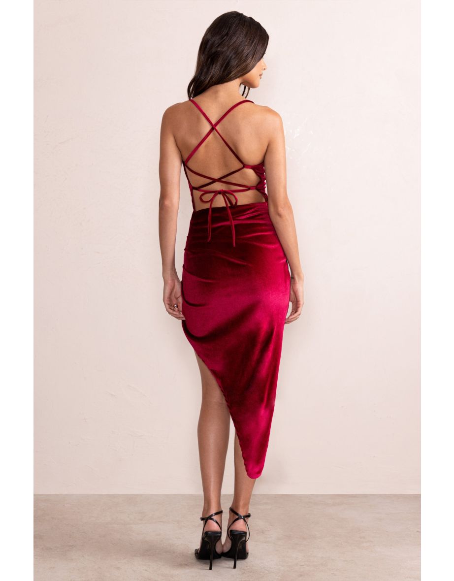 Risk It All | Berry Velvet Cami Cowl Neck Satin Asymmetric Hem Midi Dress - 3