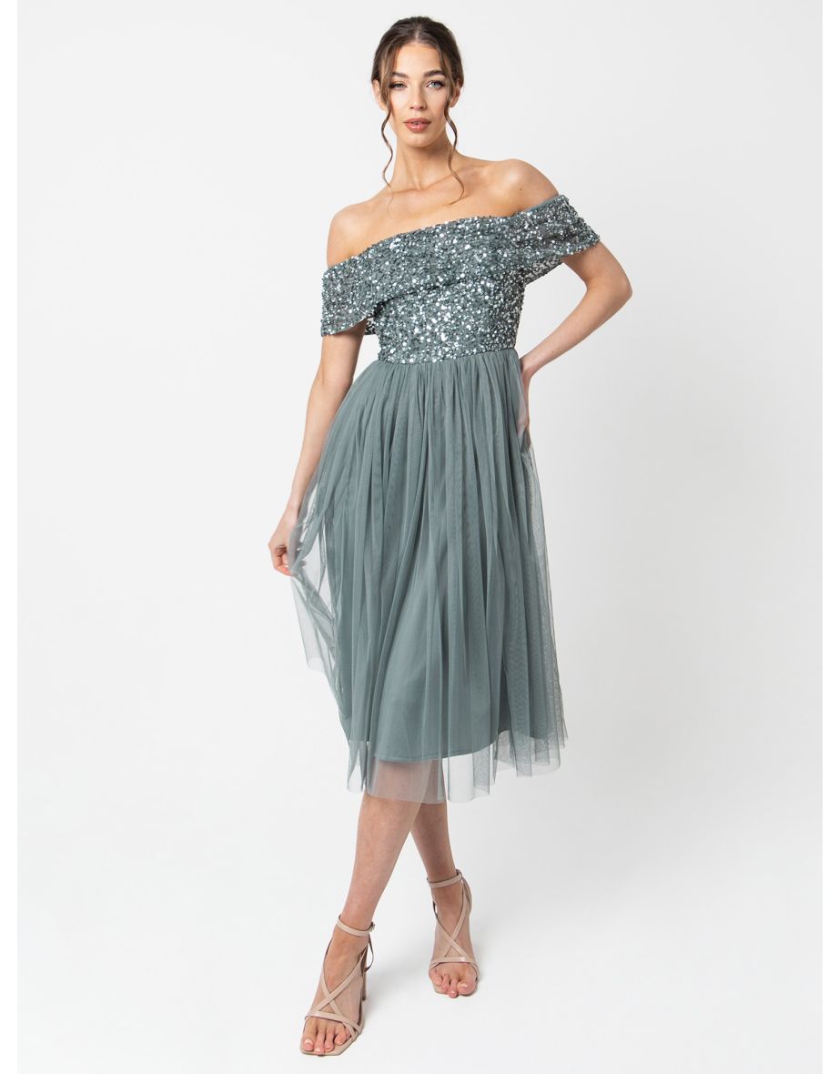 Shop Maya Misty Green Bardot Embellished Midi Dress Online in Bahrain VogaCloset