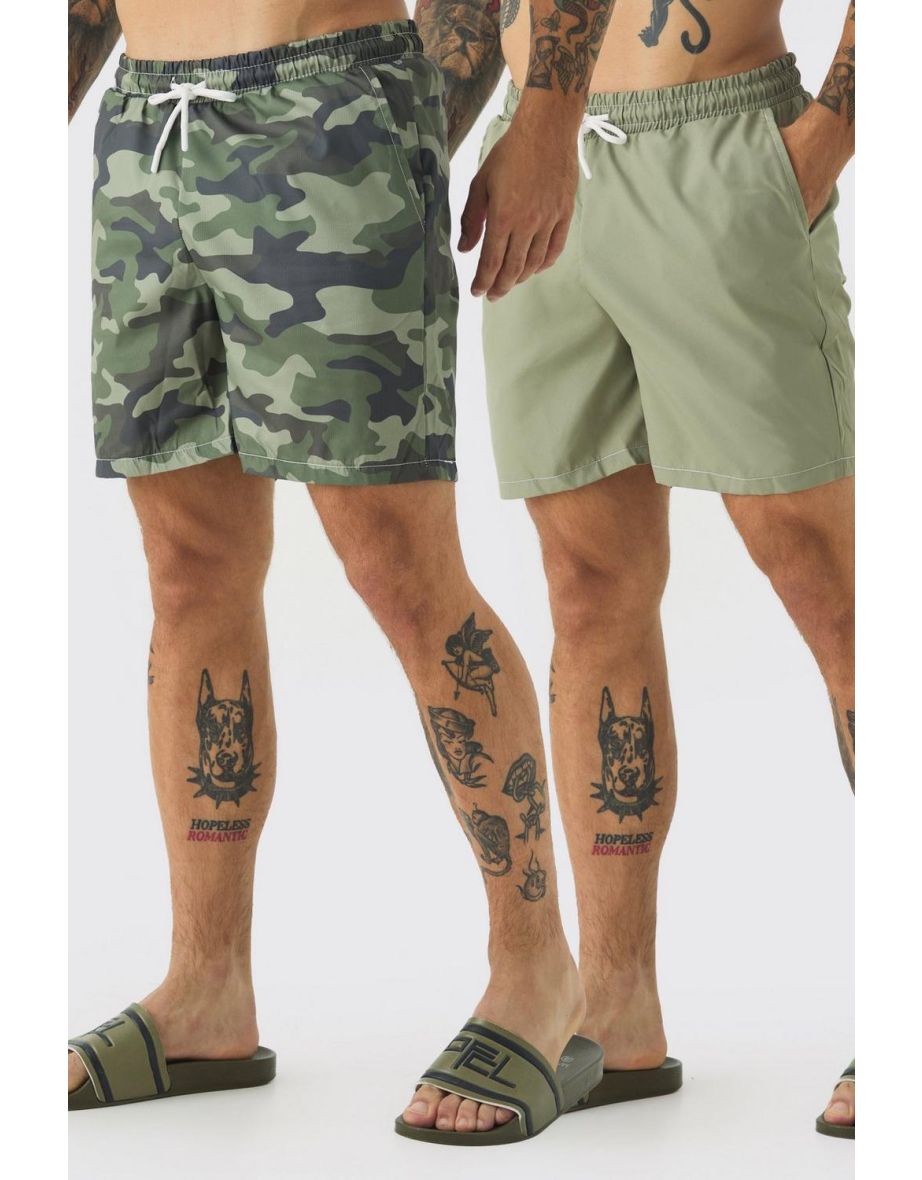 2 Pack Mid Length Camo & Plain Swims - green