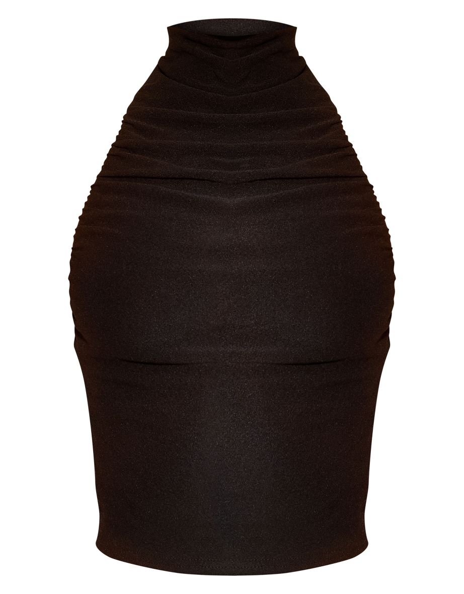 Black Soft Touch Ruched Halterneck Crop Top - 4