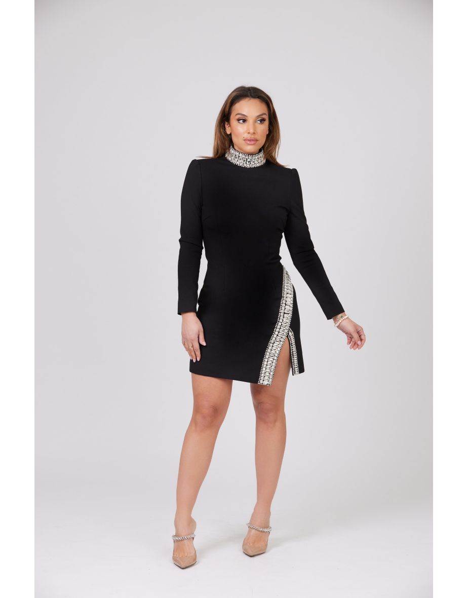 MUSE CRYSTAL EMBELLISHED BLACK WOVEN THIGHT SPLIT DRESS - 4