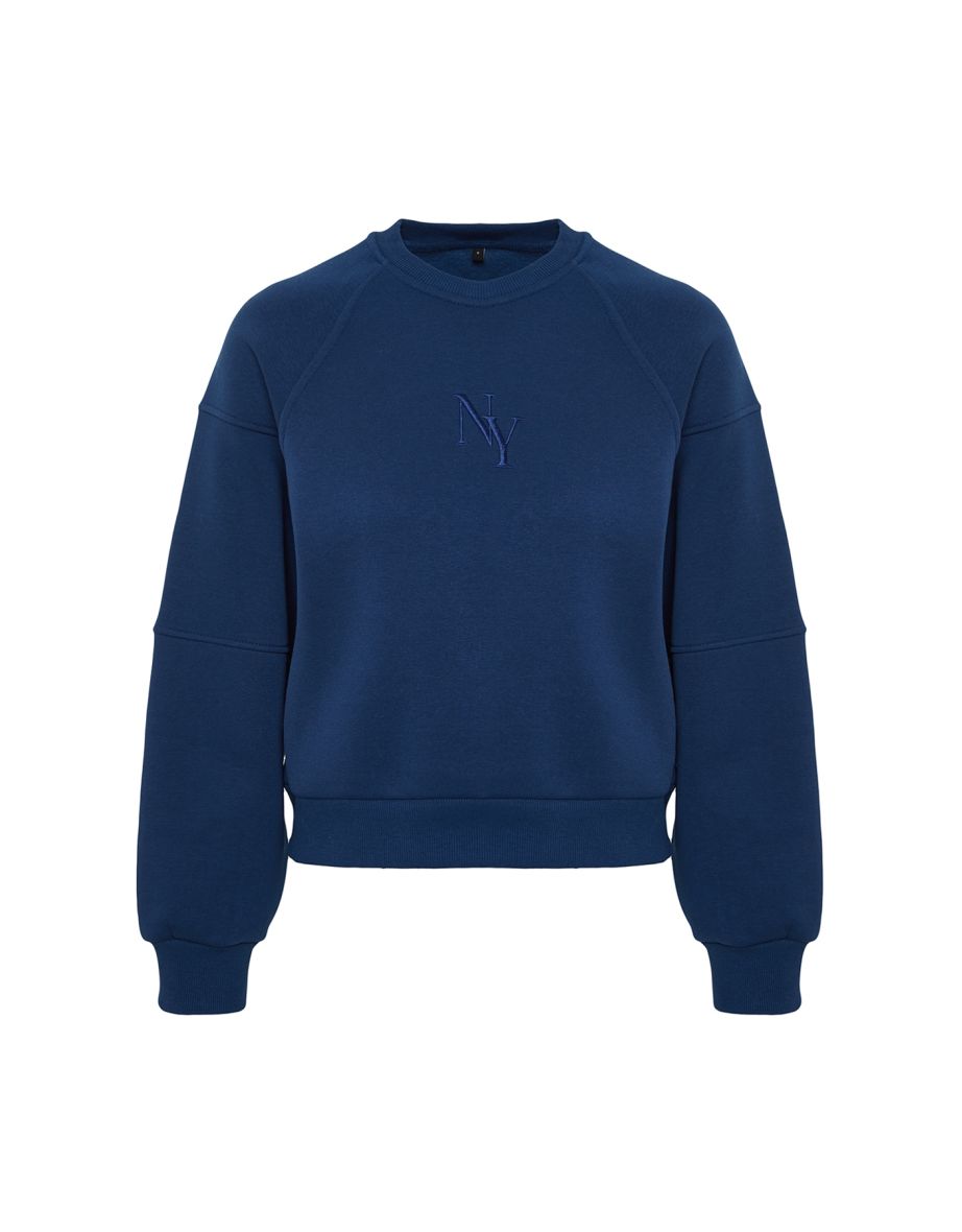 Indigo Crew Neck Regular Fit Embroidered Fleece Inside Knitted Sweatshirt . - 7