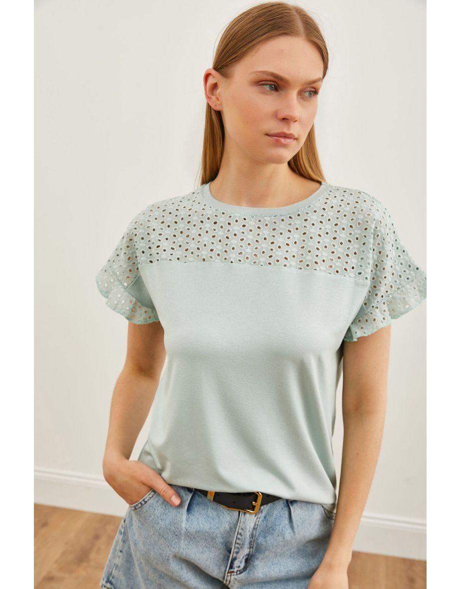 Women's Water Green Top Scallop Sleeve Flounce T-Shirt