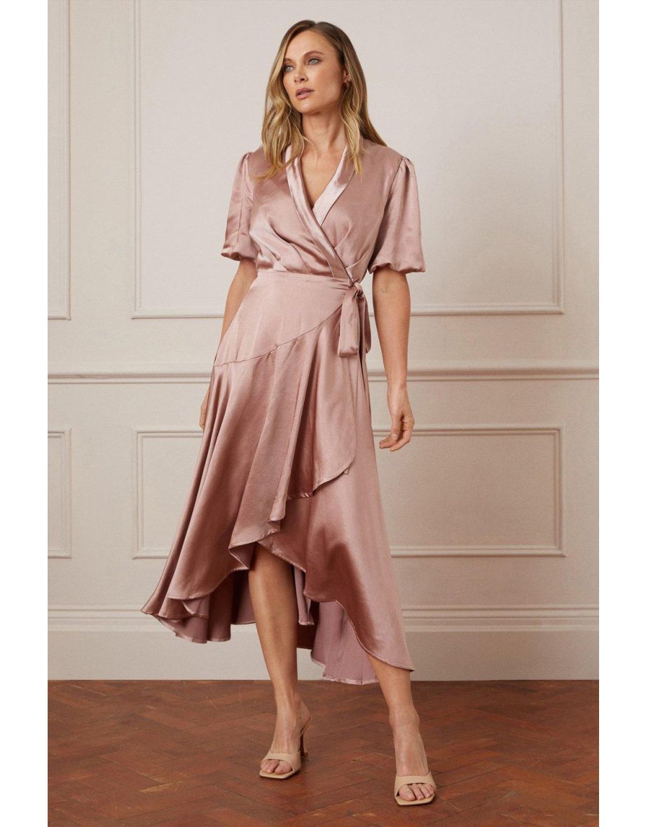 Satin Balloon Sleeve Wrap Midi Dress