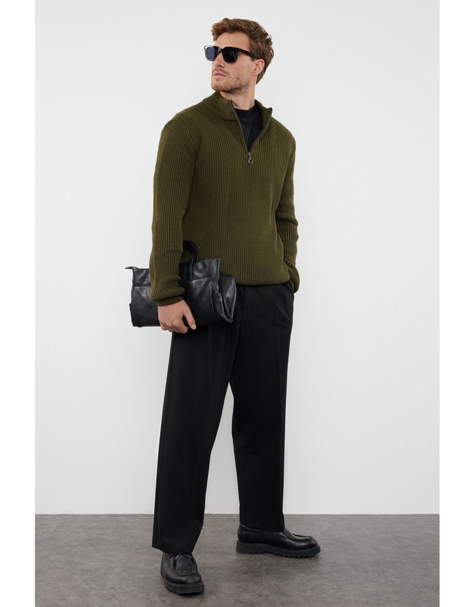 Khaki FL Regular Half Turtleneck Plain Knitwear Sweater