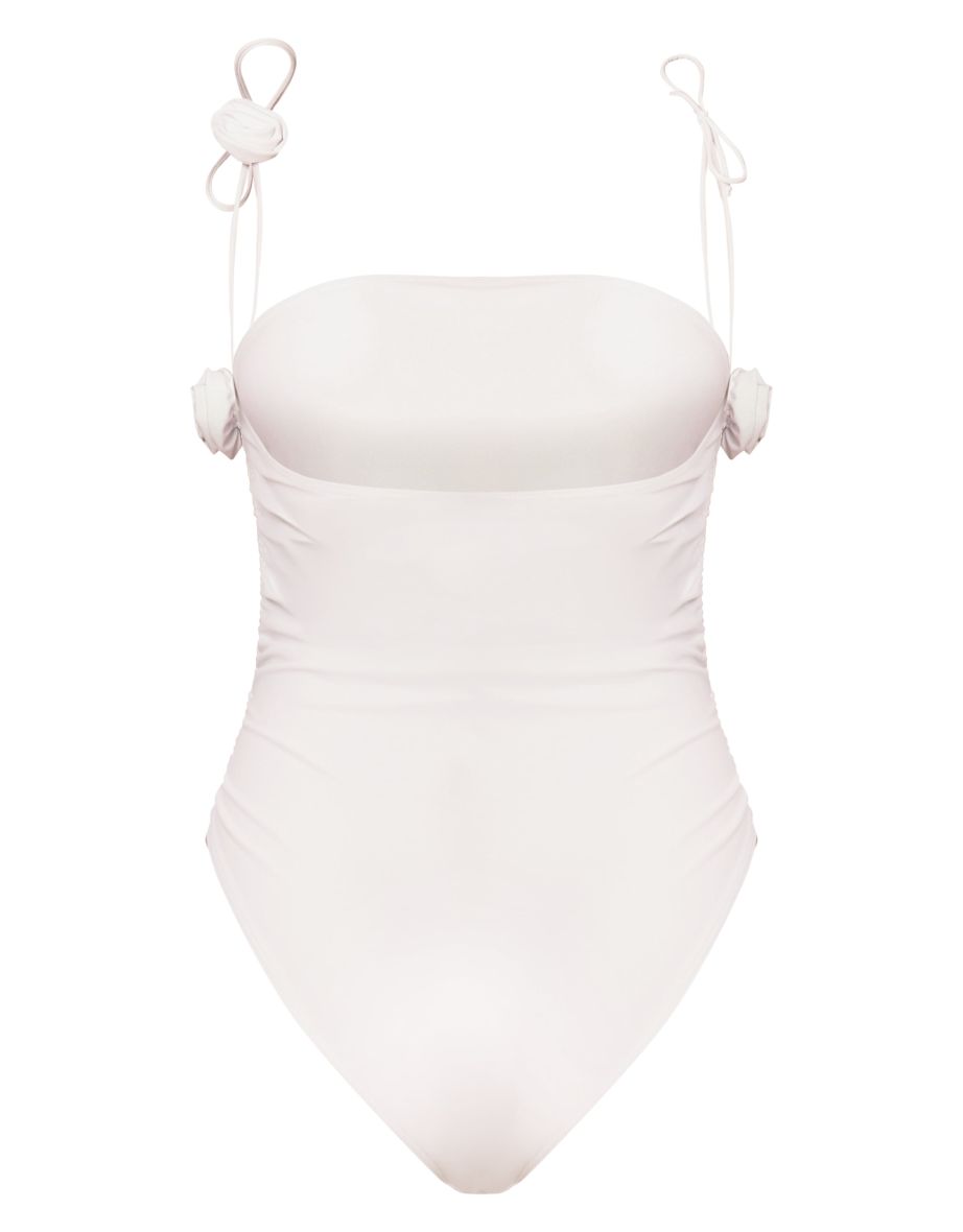 White Ruched Flower Trim Swimsuit - 5