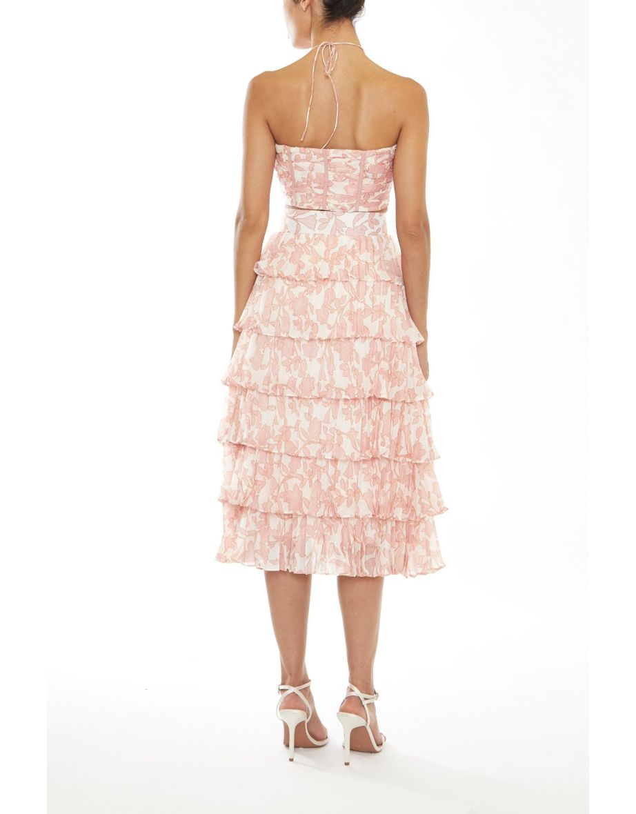 Zara Co-Ord Cream-Pink Outline Flower Tiered Pleated Midi Skirt - 1