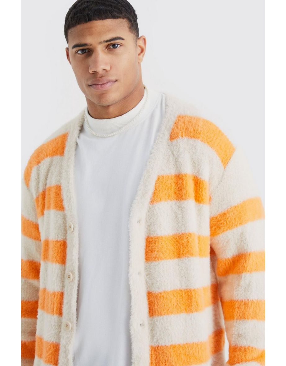 Oversized Stripe Fluffy Cardigan - stone - 2