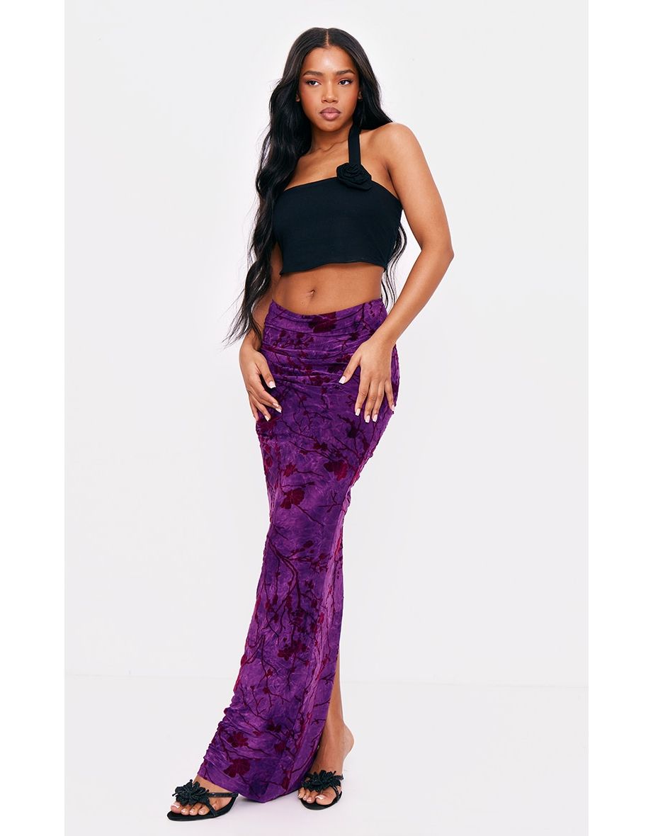 Shop Purple Printed Soft Touch Devore Ruched Side Maxi Skirt Online in Bahrain VogaCloset