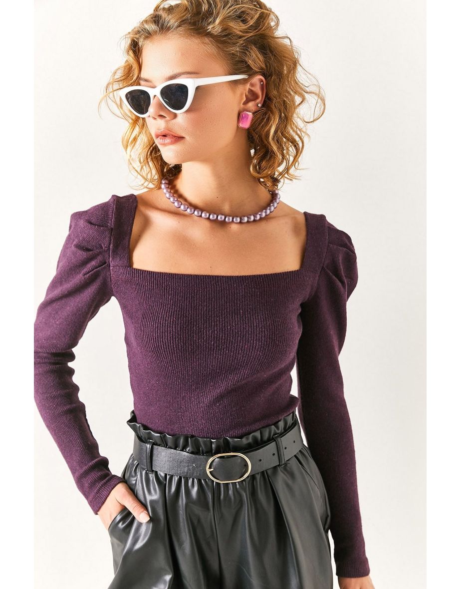 Women's Plum Square Collar Sleeve Pleated Rose Gold Blouse