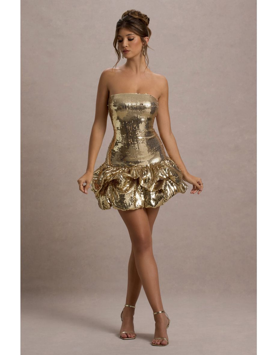 Mirabelle | Gold Sequin Bandeau Mini Dress With Puff Hem
