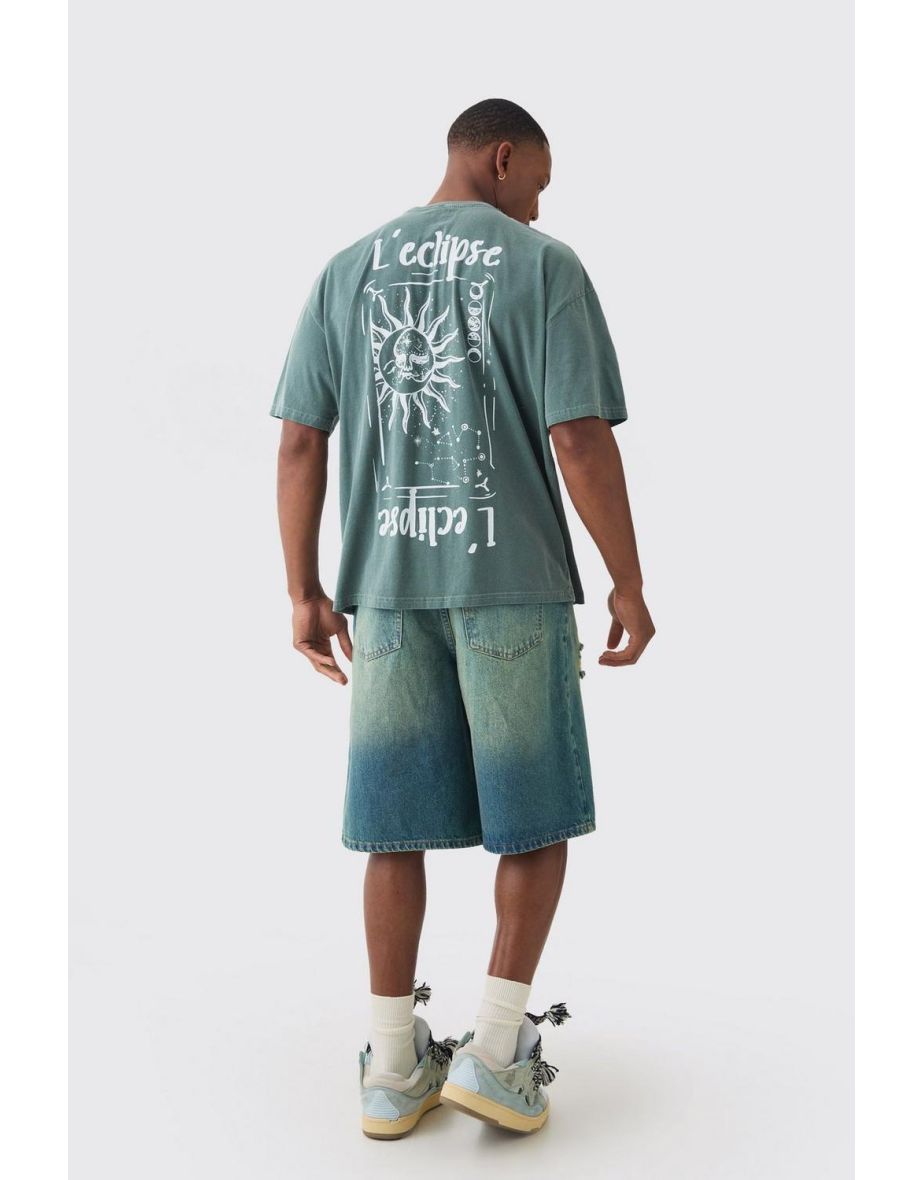Oversized Washed L 'Eclipse Stencil Print T-shirt - khaki - 2
