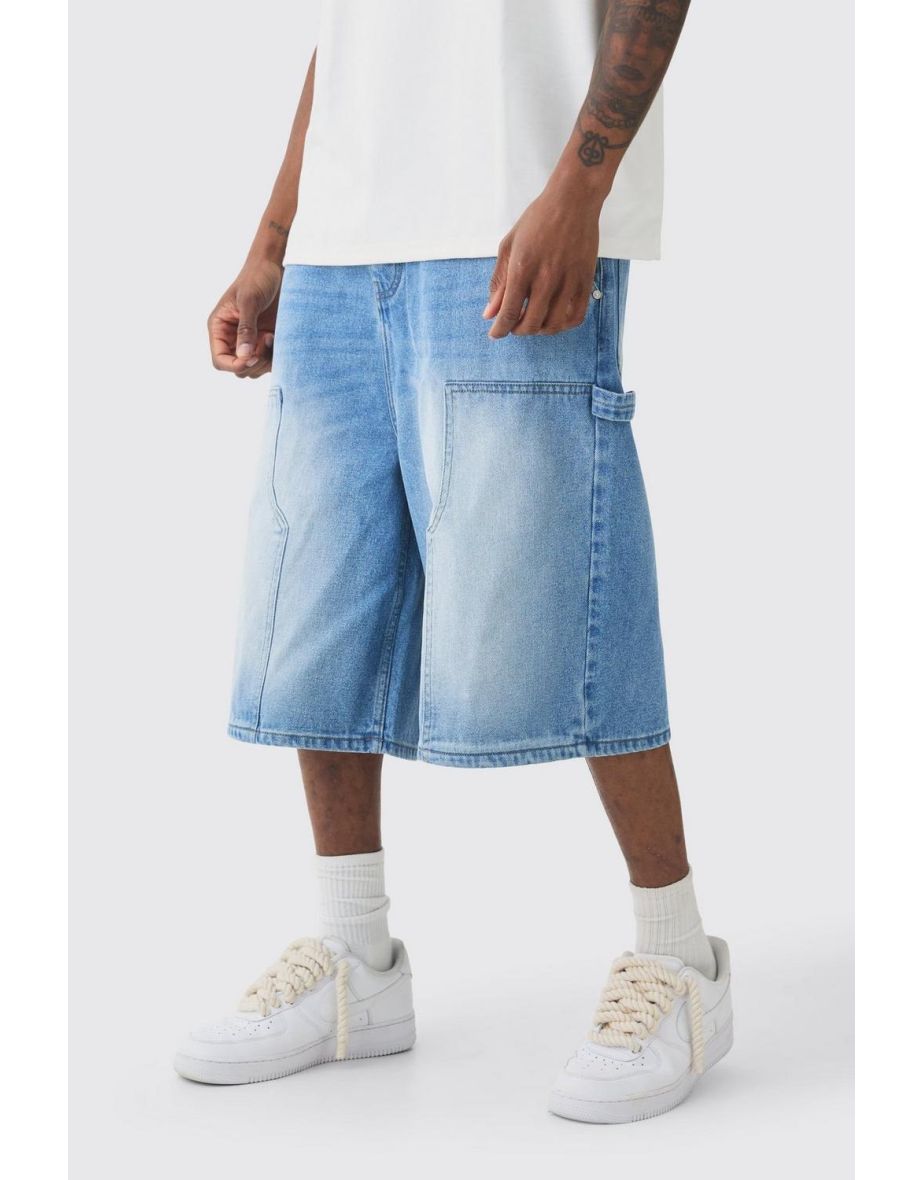 Tall Carpenter Detail Denim Jorts In Light Blue - light blue