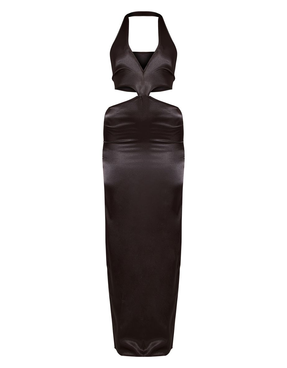Black Satin Plunge Cut Out Maxi Dress - 4
