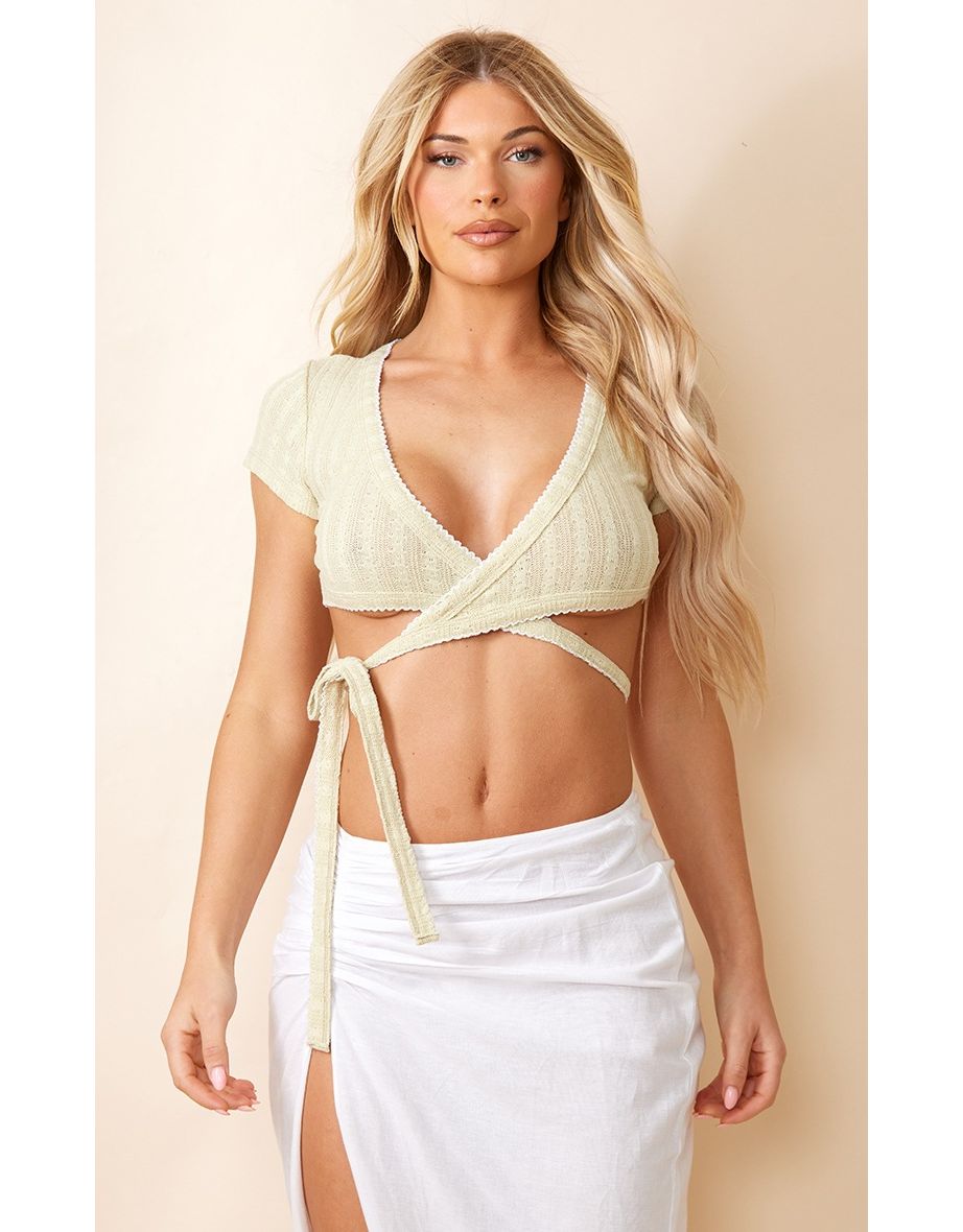 Sage Green Texured Rib Tie Front Crop Top