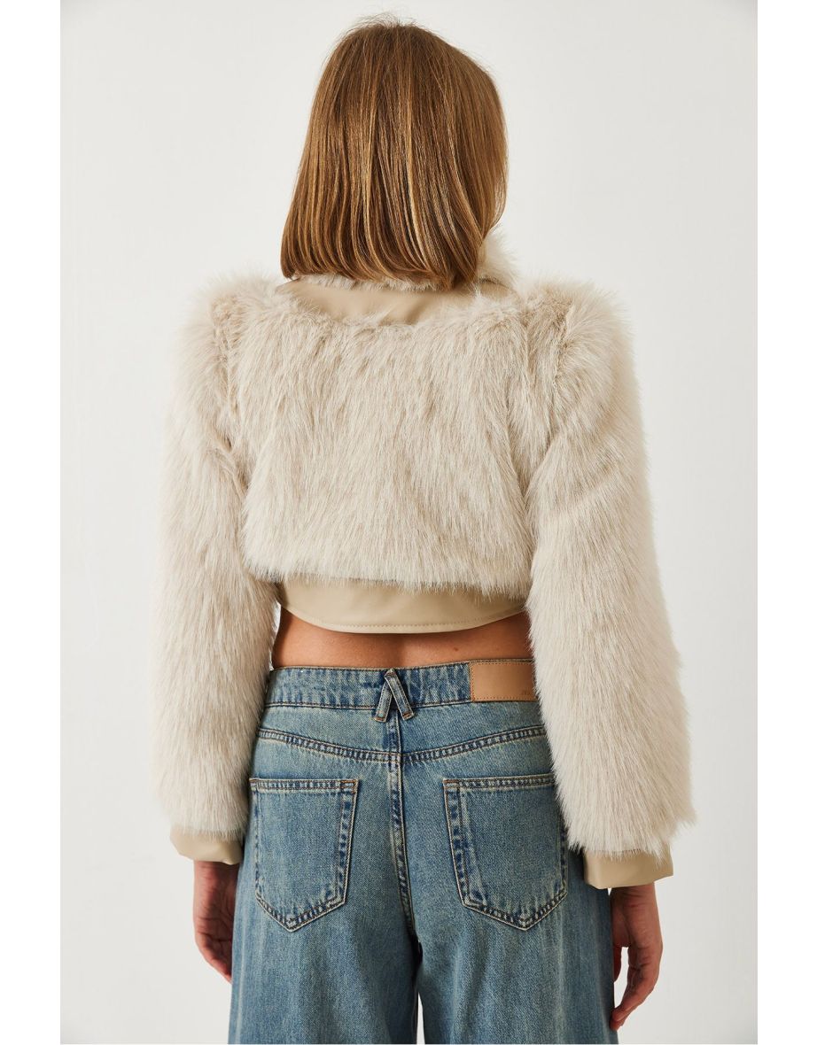 Women's Leather Garni Detailed Crop Faux Fur Jacket - 5