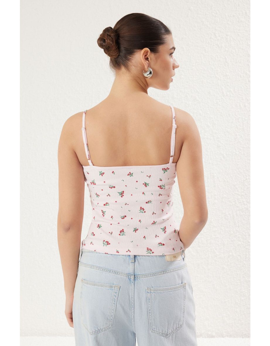 Pink Fitted/Fits the Body Printed Bow Detail Flexible Knitted Undershirt with Straps - 4