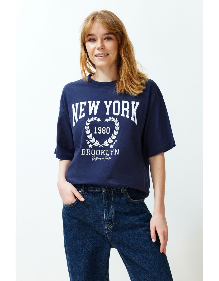 Navy Blue 100% Cotton City Print Oversize/Wide-Fit Knitted T-Shirt