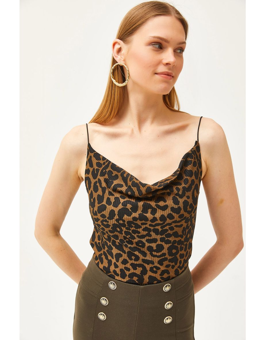 Women's Leopard Brown Turndown Collar Rope Strappy Blouse - 5