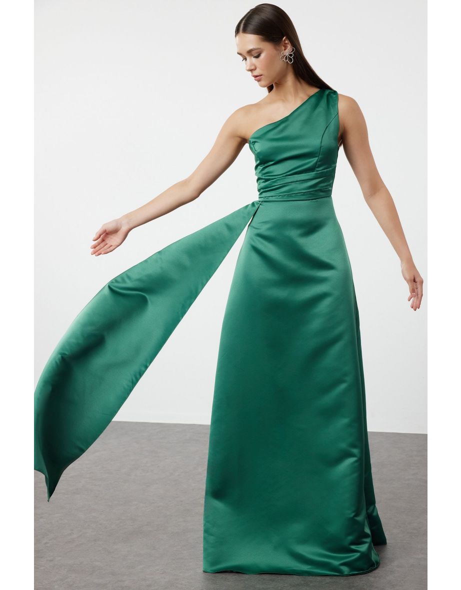 Emerald Green Plain Fitted Woven Evening Dress & Prom Dress