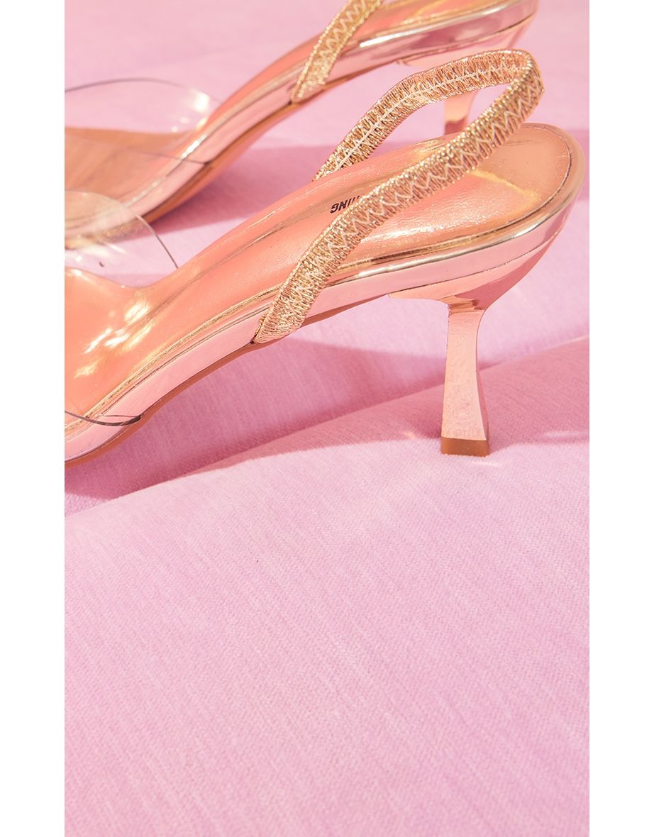 Gold Metallic Square Toe Clear Strap Low Heeled Sandals - 3