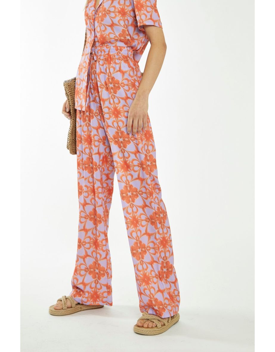 Lilac-Orange Tribal Print High-Waisted Trousers