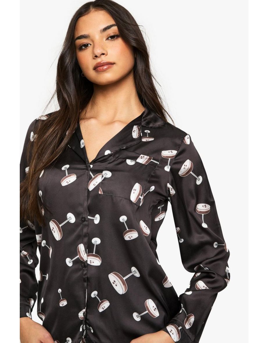 Espresso Martini Print Satin Long Sleeve Shirt & Trousers Pyjama Set - chocolate - 3