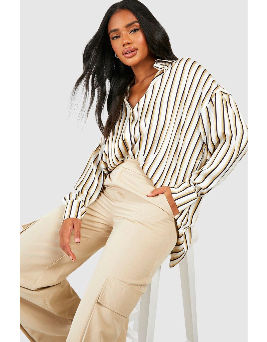 Satin Multi Stripe Drop Shoulder Shirt - stone - 3