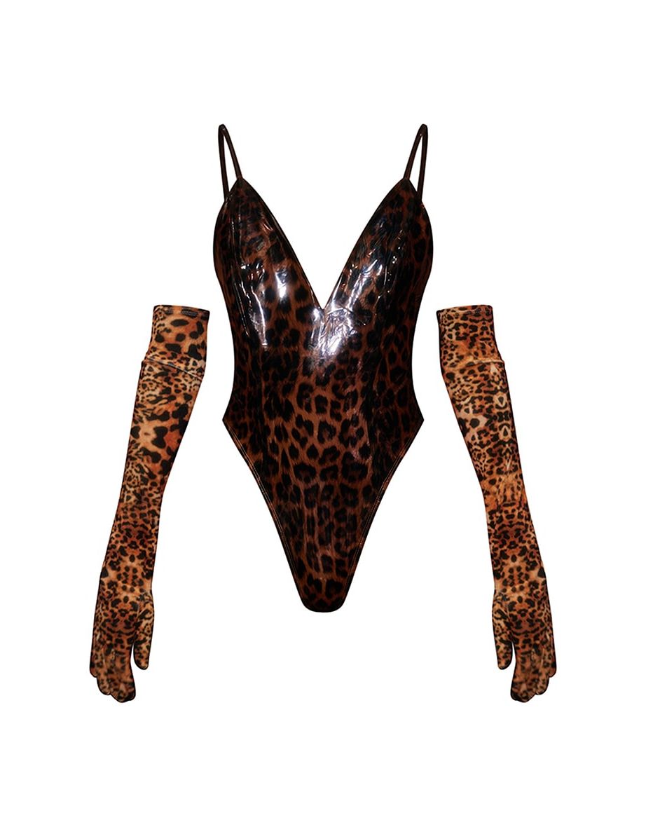 Leopard Vinyl Bodysuit Fancy Dress Costume And Ears - 2