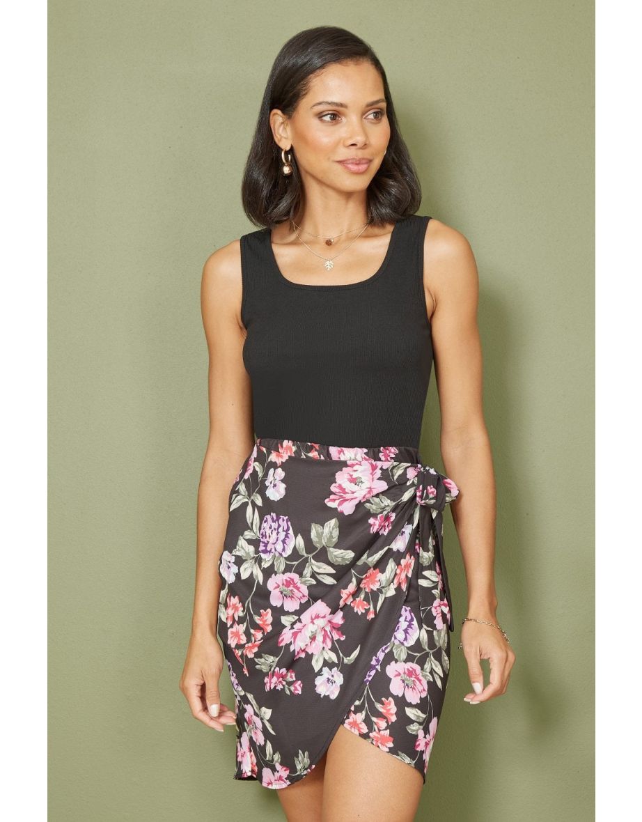 Mela Black Floral Jersey Stretch Top and Woven Skirt Wrap Dress