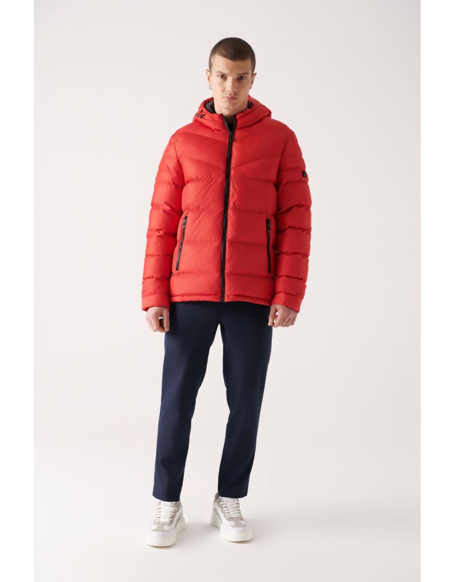 Men's Red Puffer Jacket Water Repellent Windproof Quilted Hooded Comfort Fit - 6