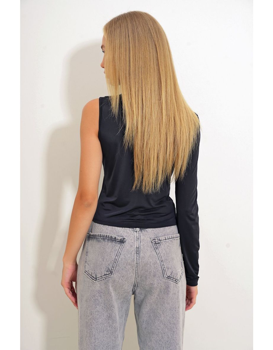 Women's Black Stand Collar Drape Detailed Sandy Blouse - 5