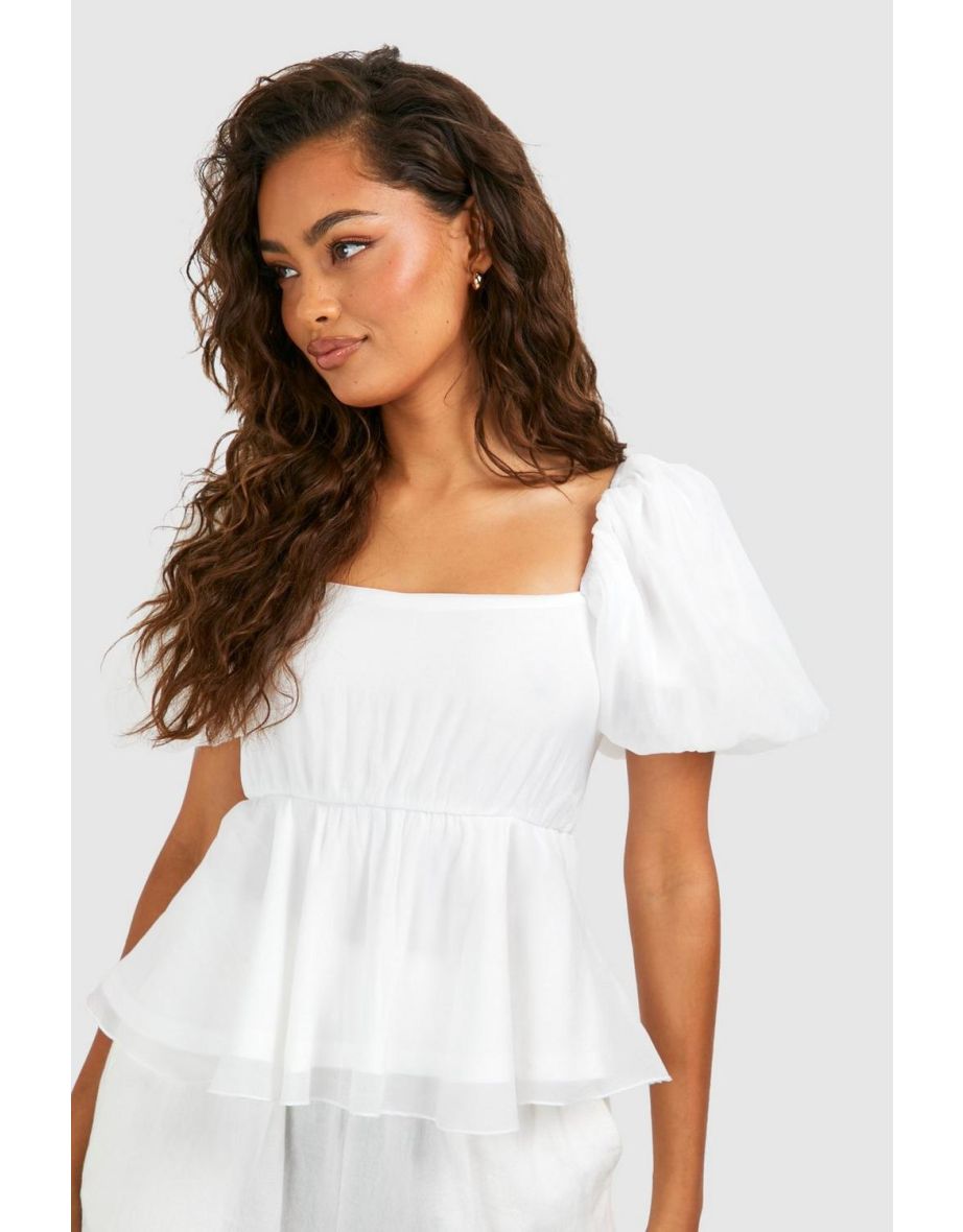 Puff Sleeve Textured Smock Top - white - 3